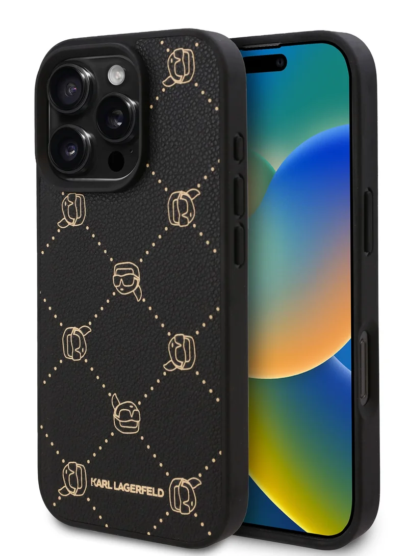 كارل لاغرفيلد جراب iPhone 16 Pro Max مصنوع من مادة البولي يوريثان الصلبة مع رأس كارل / امتصاص الصدمات والسقوط / فتحات دقيقة للمنافذ / نحيف وخفيف الوزن / قبضة مريحة - أسود
