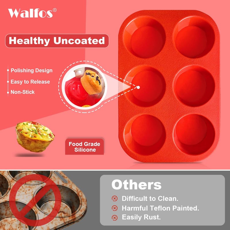 Walfos وولفوس قالب مافن سيليكون - 6 أكواب قالب كب كيك سيليكون غير لاصق، فقط ينبثق! أكواب خبز درجة غذائية وخالية من BPA، مثالية لمافن البيض، الكب كيك، آمن للغسالة الصحون (عبوة من 2 قالب مافن) - Image 2