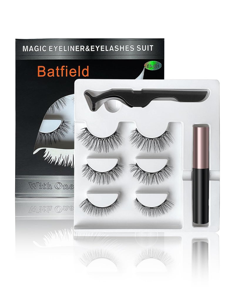 Batfield 3 Pairs Magnetic False Eyelashes - Reusable Fake Eyelashes with Eyeliner and Tweezer - Artificial Eye Lashes for Women Natural Wispy(Style 3) - Image 1