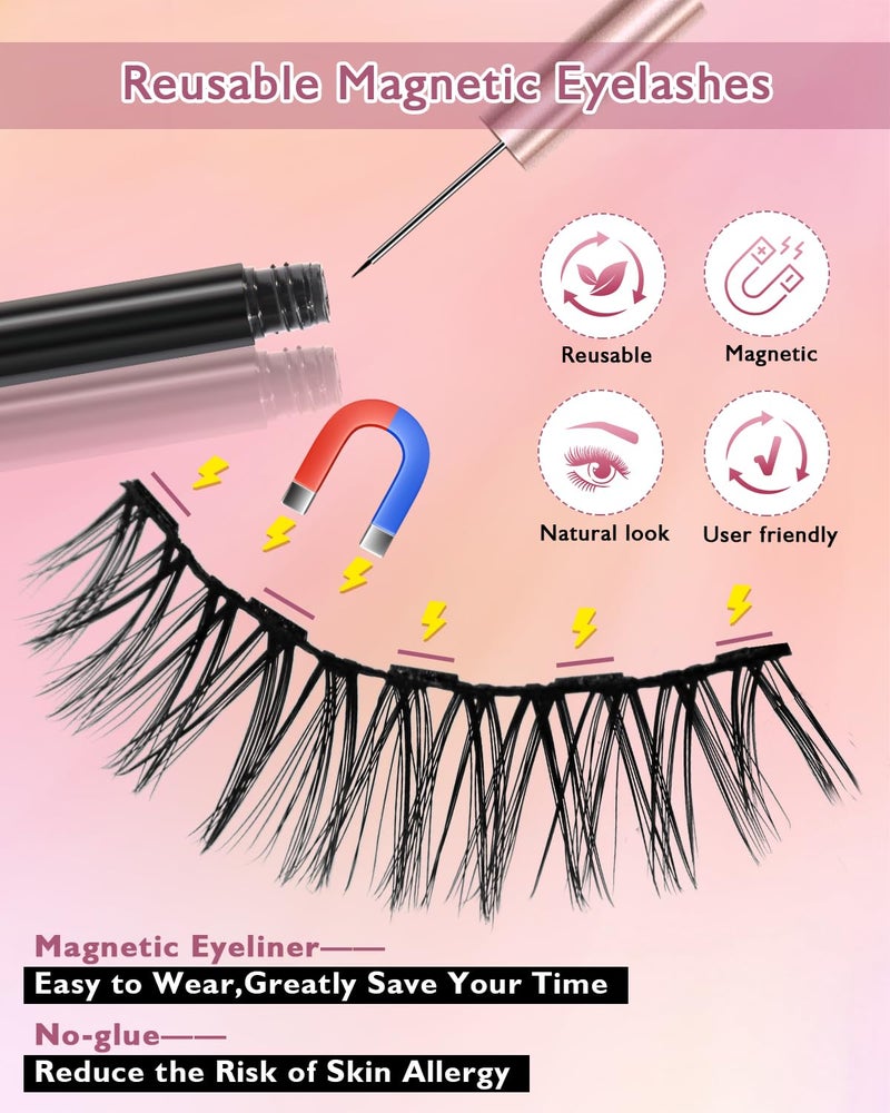 Batfield 3 Pairs Magnetic False Eyelashes - Reusable Fake Eyelashes with Eyeliner and Tweezer - Artificial Eye Lashes for Women Natural Wispy(Style 3) - Image 2