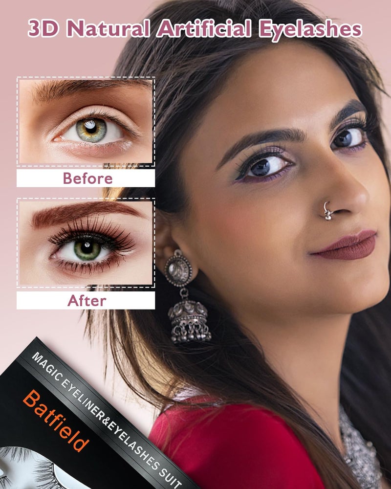 Batfield 3 Pairs Magnetic False Eyelashes - Reusable Fake Eyelashes with Eyeliner and Tweezer - Artificial Eye Lashes for Women Natural Wispy(Style 3) - Image 5