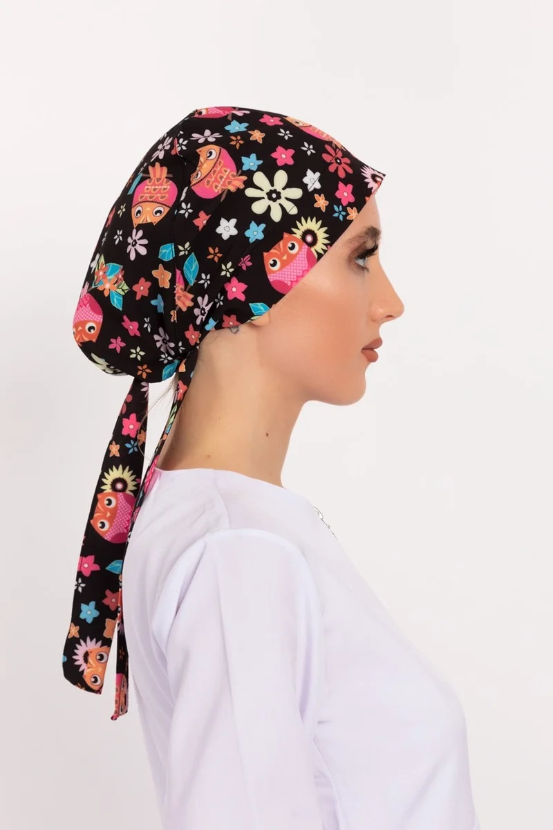 Nur Medikal Giyim Nur Medical Clothing Floral Owl Patterned Hijab Doctor Nurse Hospital Cook Surgical Cap