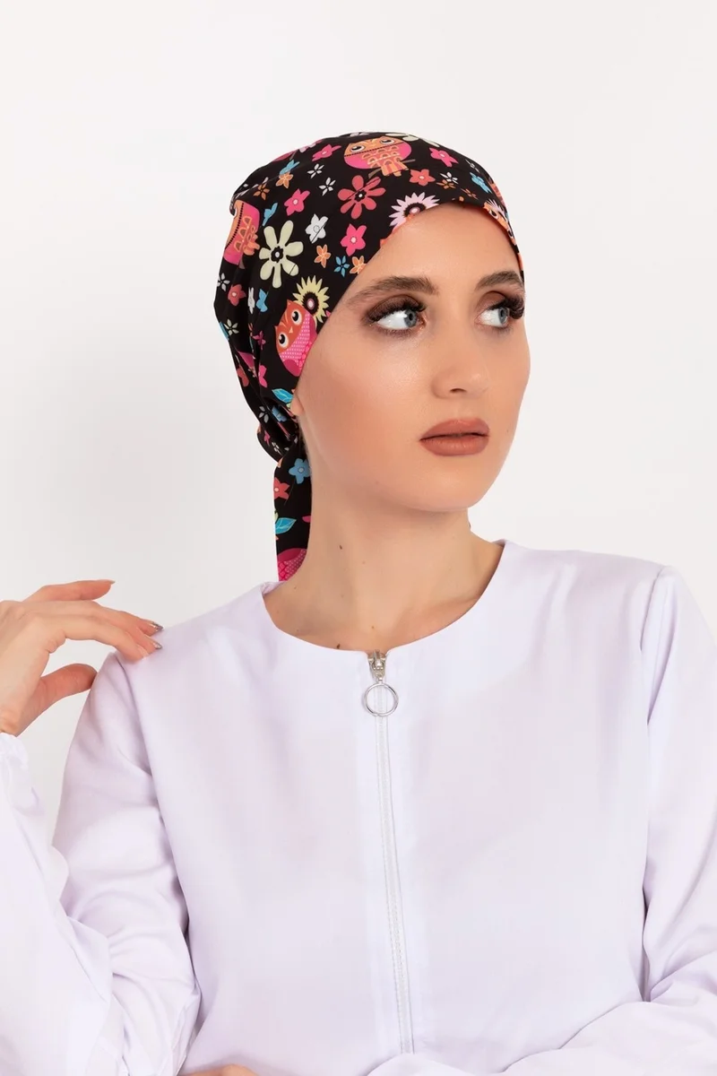 Nur Medikal Giyim Nur Medical Clothing Floral Owl Patterned Hijab Doctor Nurse Hospital Cook Surgical Cap