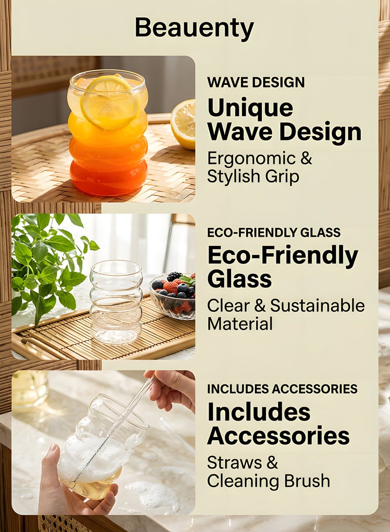 بيوينتي ‌أكواب قهوة مثلجة من بوينتي، فناجين قهوة زجاجية شفافة، أكواب صودا، كؤوس ميلك شيك، كؤوس عصير، مجموعة كؤوشرب زجاجية مع قشة زجاجية (مجموعة من 4 قطع مع فرشة تنظيف) - شفاف، 13.5 أونصة - Image 2