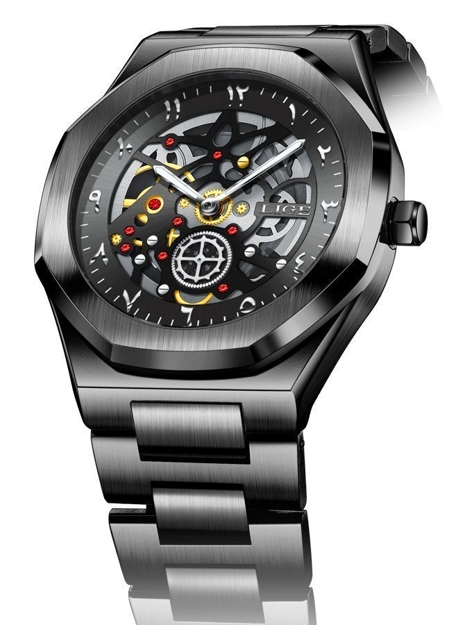 LIGE 2026 Top Luxury Quartz Wristwatches Fashion Arabic Dial Design Mens Watch Waterproof Luminous Stainless Steel Strap Business Watches Men All Black - Image 3