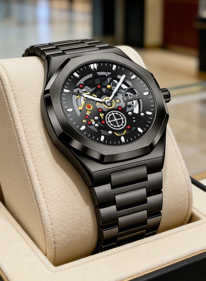 LIGE 2026 Top Luxury Quartz Wristwatches Fashion Arabic Dial Design Mens Watch Waterproof Luminous Stainless Steel Strap Business Watches Men All Black - Image 5