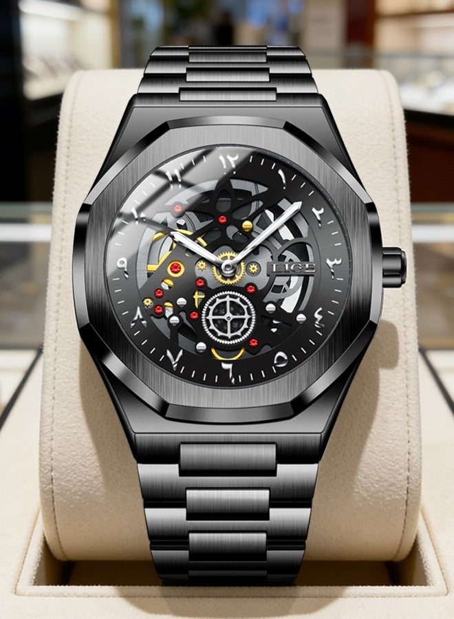 LIGE 2026 Top Luxury Quartz Wristwatches Fashion Arabic Dial Design Mens Watch Waterproof Luminous Stainless Steel Strap Business Watches Men All Black - Image 1