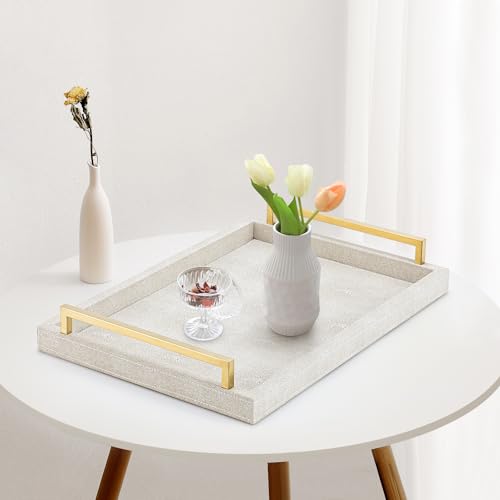 XIGEXIGE Ivory Shagreen Decorative Tray Large Rectangle Coffee Table Tray for Ottoman Faux Leather Serving Tray with Brushed Gold Handles - Image 5