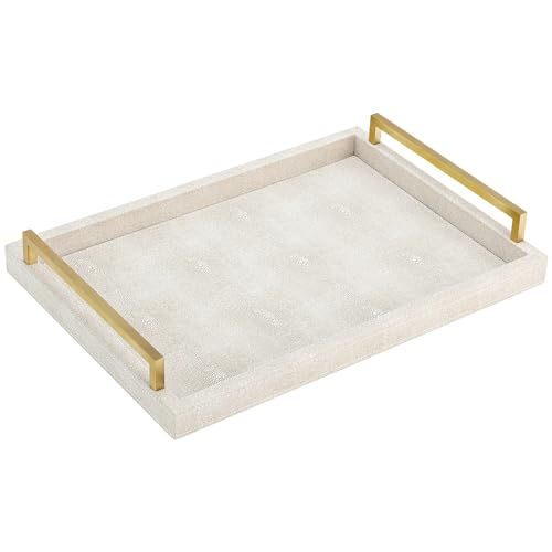 XIGEXIGE Ivory Shagreen Decorative Tray Large Rectangle Coffee Table Tray for Ottoman Faux Leather Serving Tray with Brushed Gold Handles - Image 2