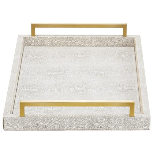 XIGEXIGE Ivory Shagreen Decorative Tray Large Rectangle Coffee Table Tray for Ottoman Faux Leather Serving Tray with Brushed Gold Handles - Image 1