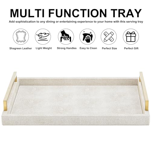 XIGEXIGE Ivory Shagreen Decorative Tray Large Rectangle Coffee Table Tray for Ottoman Faux Leather Serving Tray with Brushed Gold Handles - Image 3