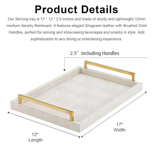 XIGEXIGE Ivory Shagreen Decorative Tray Large Rectangle Coffee Table Tray for Ottoman Faux Leather Serving Tray with Brushed Gold Handles - Image 4