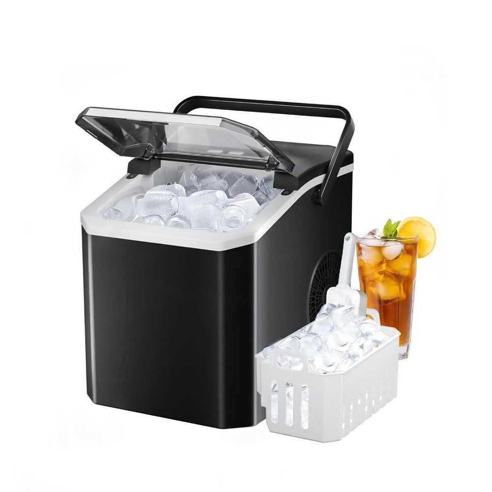 Ice Maker Countertop - Self-Cleaning Ice Machine with Handle, Ice Scoop and Basket 9 Ice Cubes in 6 Mins 2 Ice Cube Sizes Low Noise For Home, Kitchen, Office, Party Black