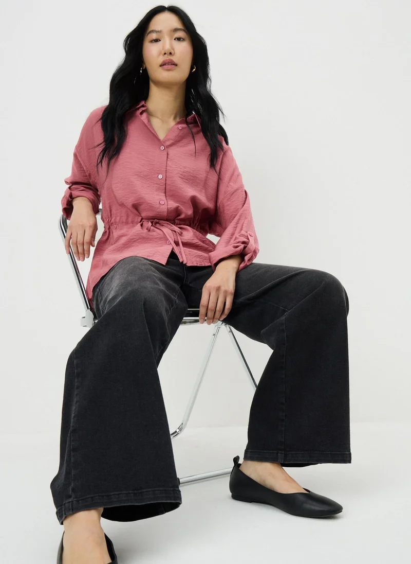 ماتلان قميص وردي بأكمام طويلة وياقة قناة