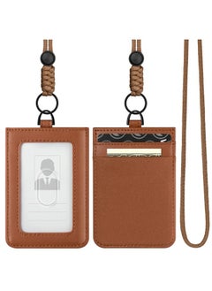 VULKIT Id Badge Holder With Lanyard For Women And Men Vertical Leather Badge Holder With Clear Id Window Card Holder Slot And Money Pocket Brown  - Image 1