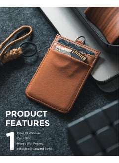 VULKIT Id Badge Holder With Lanyard For Women And Men Vertical Leather Badge Holder With Clear Id Window Card Holder Slot And Money Pocket Brown  - Image 2