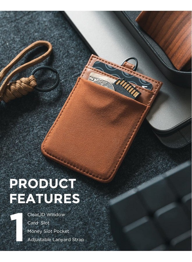فولكيت حامل شارة الهوية مع حزام للنساء والرجال، حامل شارة جلدي عمودي مع نافذة شفافة لبطاقة الهوية وفتحة لحامل البطاقة وجيب للنقود، بني - Image 2