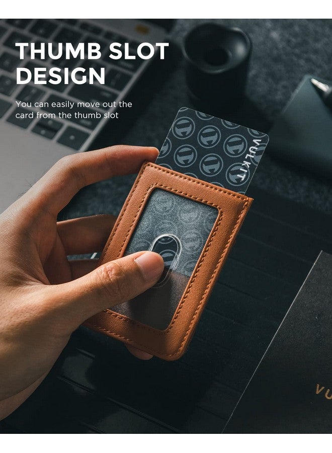 فولكيت حامل شارة الهوية مع حزام للنساء والرجال، حامل شارة جلدي عمودي مع نافذة شفافة لبطاقة الهوية وفتحة لحامل البطاقة وجيب للنقود، بني - Image 3