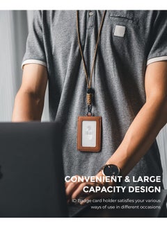 VULKIT Id Badge Holder With Lanyard For Women And Men Vertical Leather Badge Holder With Clear Id Window Card Holder Slot And Money Pocket Brown  - Image 4
