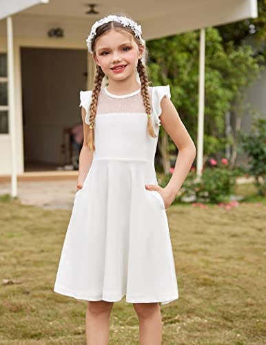 Arshiner Girls Dress Summer Ruffle Sleeve Mesh A Line Casual Party Dresses with Pockets 11-12 Years White - Image 3