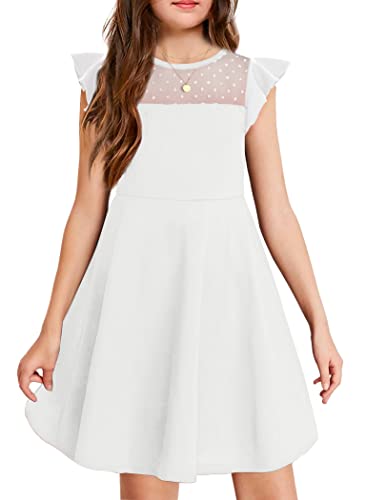 Arshiner Girls Dress Summer Ruffle Sleeve Mesh A Line Casual Party Dresses with Pockets 11-12 Years White - Image 1