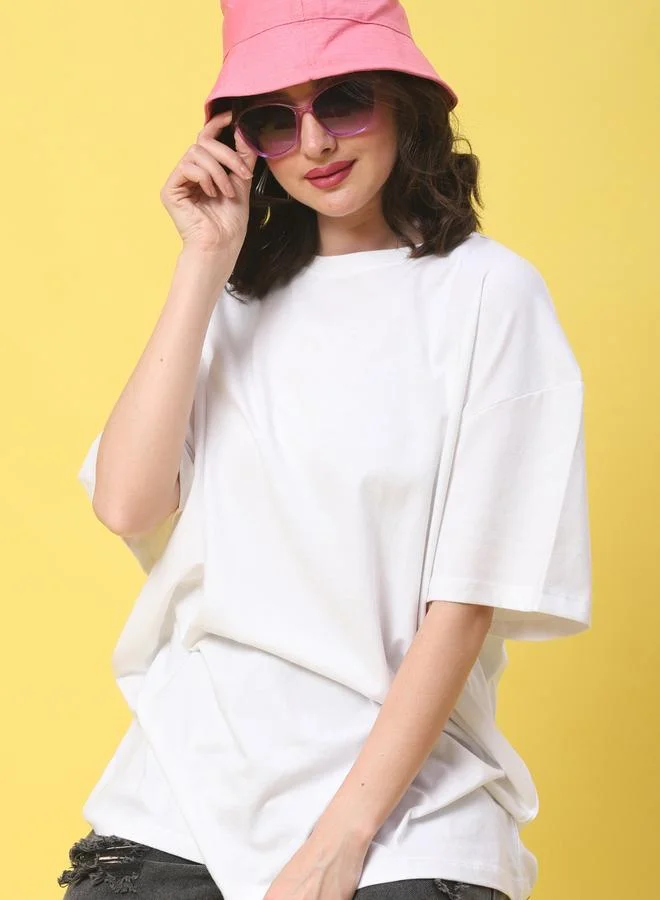 Styli Women White Solid Oversized T-Shirt By Door74