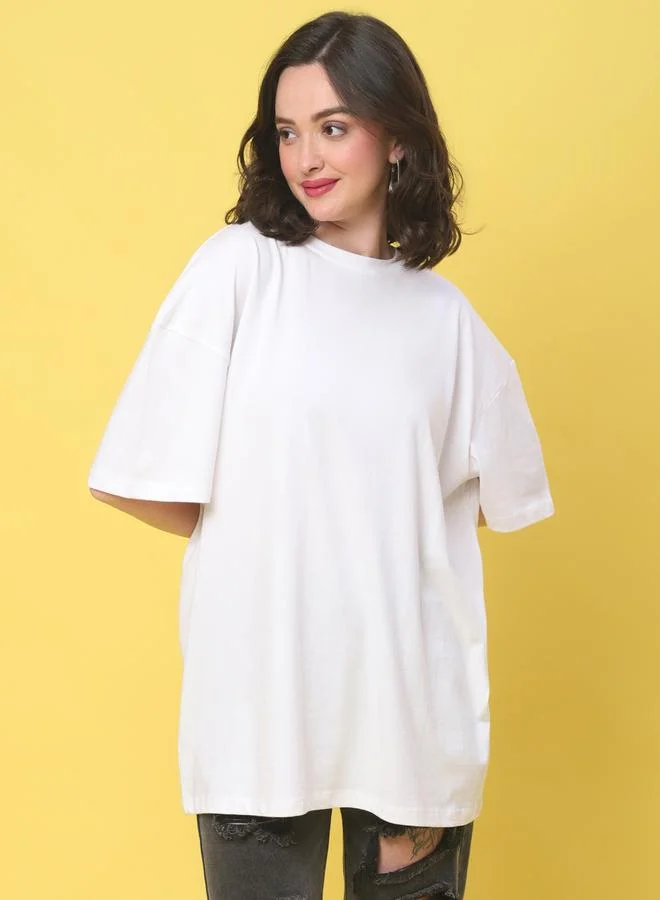 Styli Women White Solid Oversized T-Shirt By Door74