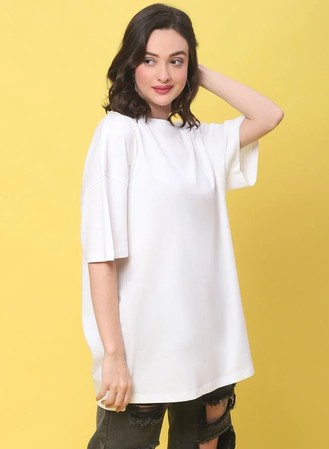 Styli Women White Solid Oversized T-Shirt By Door74