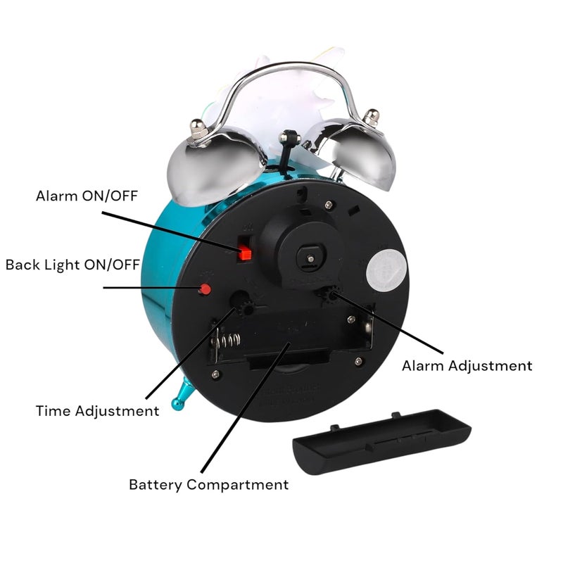 De'rons Twin Bell Analog Table Alarm Clock with Backlight for Heavy Sleepers Alarm Clock for Students Funny Cute Cartoon Unicorn Shape Alarm Clock for Girls Kids Boys Bedroom 12 x 8 cm (Turquoise) - Image 4