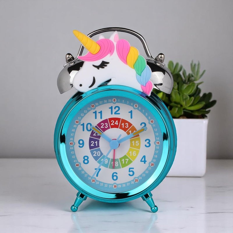 De'rons Twin Bell Analog Table Alarm Clock with Backlight for Heavy Sleepers Alarm Clock for Students Funny Cute Cartoon Unicorn Shape Alarm Clock for Girls Kids Boys Bedroom 12 x 8 cm (Turquoise) - Image 1