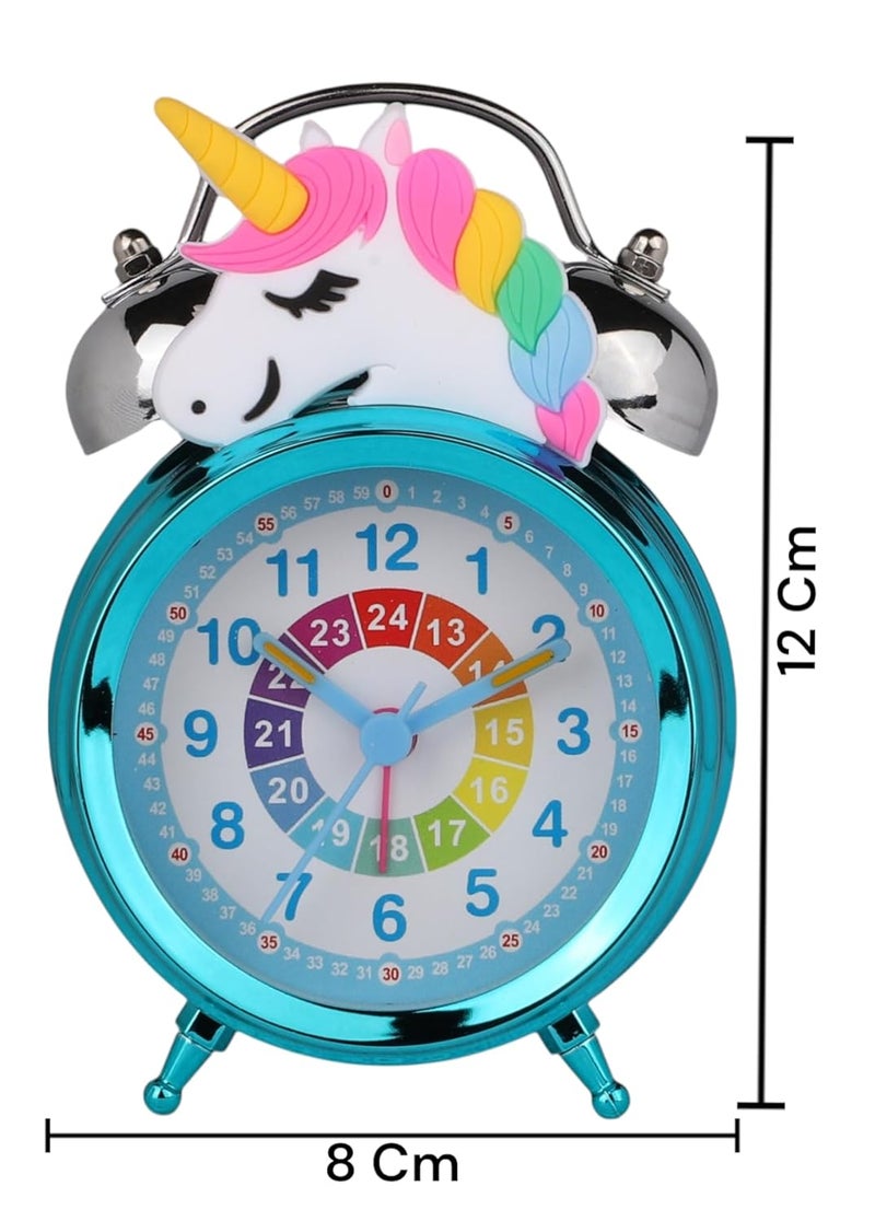 De'rons Twin Bell Analog Table Alarm Clock with Backlight for Heavy Sleepers Alarm Clock for Students Funny Cute Cartoon Unicorn Shape Alarm Clock for Girls Kids Boys Bedroom 12 x 8 cm (Turquoise) - Image 3