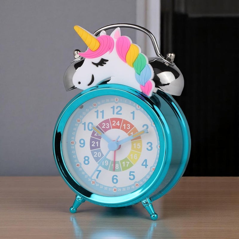 De'rons Twin Bell Analog Table Alarm Clock with Backlight for Heavy Sleepers Alarm Clock for Students Funny Cute Cartoon Unicorn Shape Alarm Clock for Girls Kids Boys Bedroom 12 x 8 cm (Turquoise) - Image 2