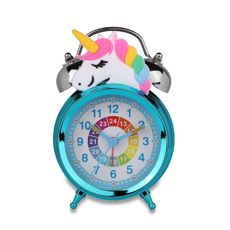 De'rons Twin Bell Analog Table Alarm Clock with Backlight for Heavy Sleepers Alarm Clock for Students Funny Cute Cartoon Unicorn Shape Alarm Clock for Girls Kids Boys Bedroom 12 x 8 cm (Turquoise) - Image 5