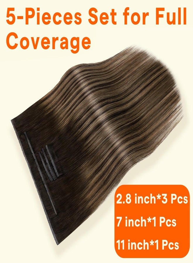 Full Shine Butterfly Weft Hair Extensions 16 Inch Dark Brown with Caramel Highlights Color Invisible Pu Holes Hair Extensions 5Pcs 90G Butterfly Wefts Straight Remy Hair for Women - Image 3