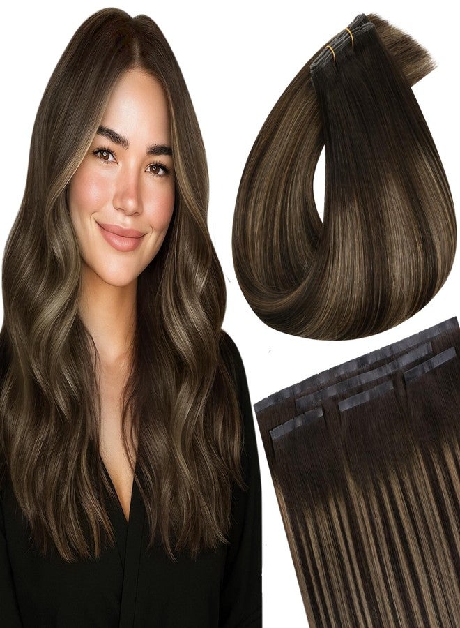 Full Shine Butterfly Weft Hair Extensions 16 Inch Dark Brown with Caramel Highlights Color Invisible Pu Holes Hair Extensions 5Pcs 90G Butterfly Wefts Straight Remy Hair for Women - Image 1