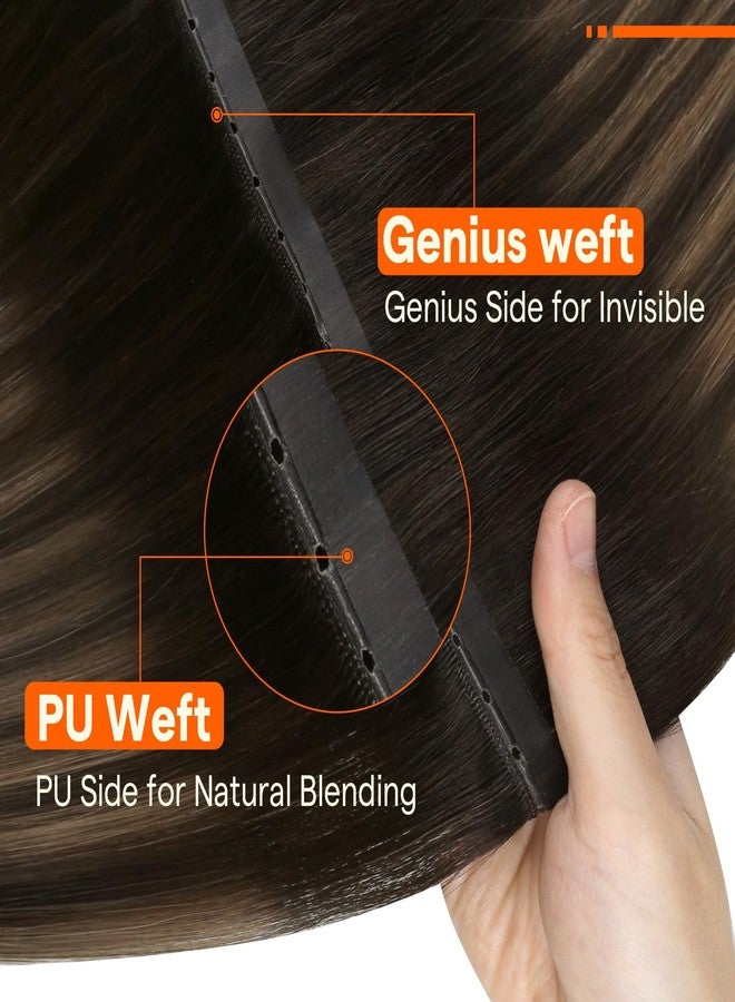 Full Shine Butterfly Weft Hair Extensions 16 Inch Dark Brown with Caramel Highlights Color Invisible Pu Holes Hair Extensions 5Pcs 90G Butterfly Wefts Straight Remy Hair for Women - Image 4