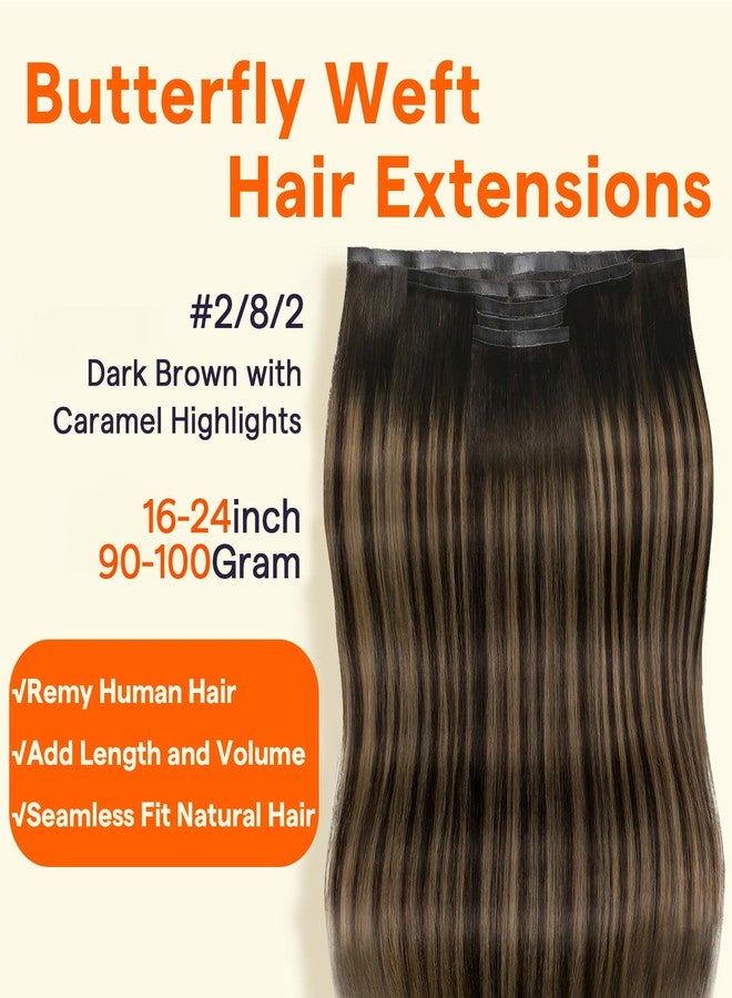 Full Shine Butterfly Weft Hair Extensions 16 Inch Dark Brown with Caramel Highlights Color Invisible Pu Holes Hair Extensions 5Pcs 90G Butterfly Wefts Straight Remy Hair for Women - Image 2