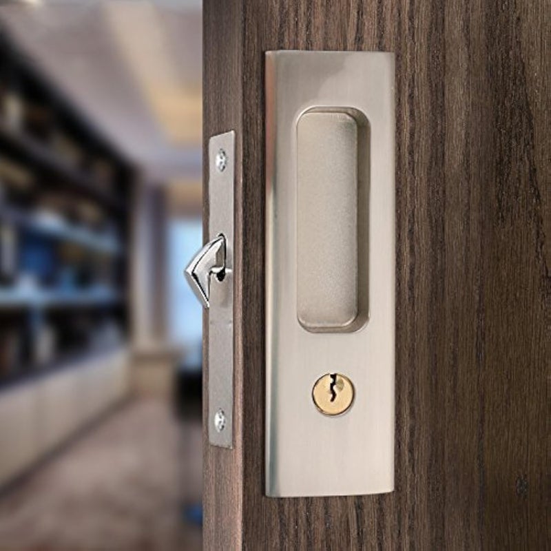 CCJH Privacy Pocket Door Lock Hardware with Key, Pocket Door Lock Handle Invisible Wooden Barn Door Latch, Interior Privacy Furniture Hardware Brushed Nickel Silver 1 Pack - Image 1