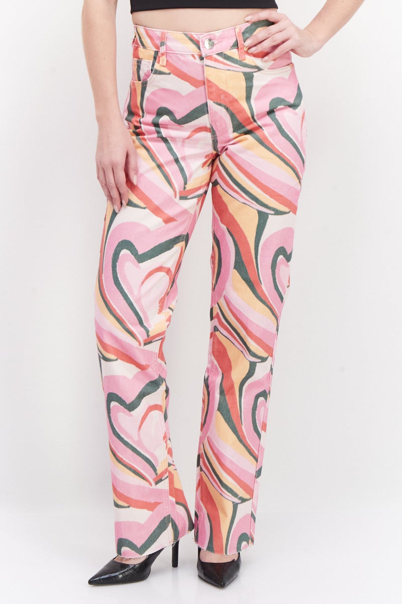 RIVER ISLAND Women Fashion Fit Abstract Print Denim Jeans, Bright Pink - Image 1