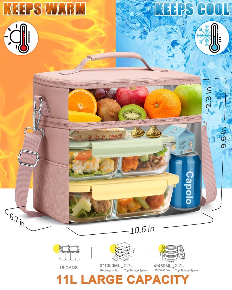 Capolo Lunch Box for Women Men Adults,Double Deck Insulated Lunch Bag Leakproof Lunch Cooler Box with Removable Strap Lunch Tote Bags Reusable Thermal Lunchbox for School Work Picnic(Large,Pink) - Image 4