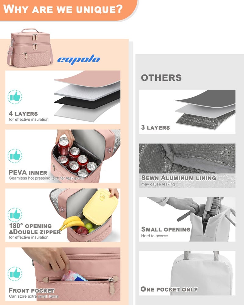 Capolo Lunch Box for Women Men Adults,Double Deck Insulated Lunch Bag Leakproof Lunch Cooler Box with Removable Strap Lunch Tote Bags Reusable Thermal Lunchbox for School Work Picnic(Large,Pink) - Image 3