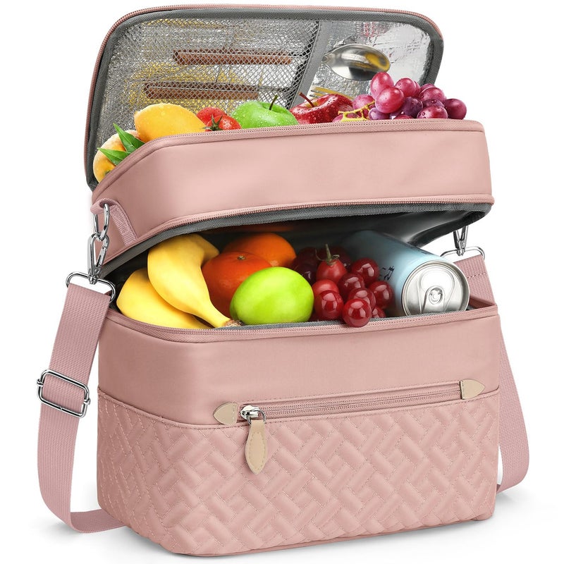 Capolo Lunch Box for Women Men Adults,Double Deck Insulated Lunch Bag Leakproof Lunch Cooler Box with Removable Strap Lunch Tote Bags Reusable Thermal Lunchbox for School Work Picnic(Large,Pink) - Image 1