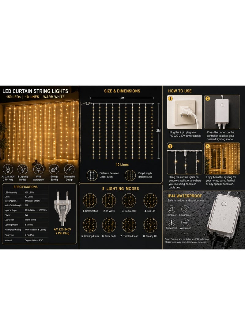 LED Curtain String Lights 3M x 2M, 150 LEDs Waterfall Fairy Lights with 8 Lighting Modes, IP44 Waterproof Warm White Decorative Hanging Lights for Ramadan, Eid, Christmas, Wedding, Bedroom & Home Decor - Image 2