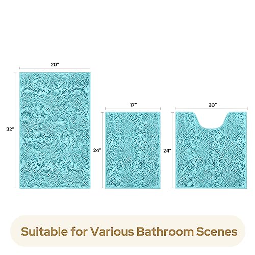 HOMEIDEAS 3 Pieces Bathroom Rugs, Ultra Soft Non Slip Absorbent Chenille Toilet Bath Mat Set (Aqua Blue,17"x24"+20"x32"+U Shape 20"x24") - Image 5