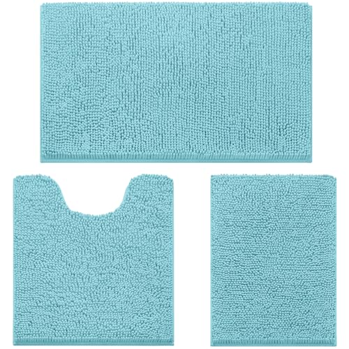 HOMEIDEAS 3 Pieces Bathroom Rugs, Ultra Soft Non Slip Absorbent Chenille Toilet Bath Mat Set (Aqua Blue,17"x24"+20"x32"+U Shape 20"x24") - Image 1