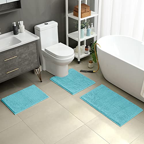 HOMEIDEAS 3 Pieces Bathroom Rugs, Ultra Soft Non Slip Absorbent Chenille Toilet Bath Mat Set (Aqua Blue,17"x24"+20"x32"+U Shape 20"x24") - Image 2