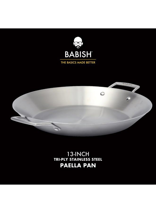 Babish 13 Inch Tri-Ply Stainless Steel Paella Pan, Large Skillet, Griddle, Frying Pan - Induction Safe - Image 2