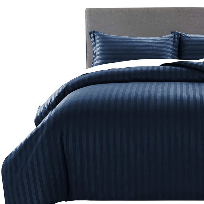 SINGLE DUVET COVER SET REVERSIBLE STRIPES SATIN BEDDING SET WITH PILLOWCASE SOFT HYPOALLERGENIC DUVET COVERS NAVY 135X200 CM