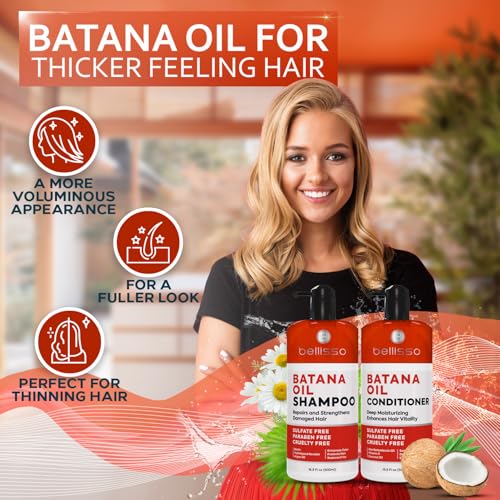 BELLISSO Batana Oil Shampoo and Conditioner Set - Thickening Hair Products for Women and Men - For Strengthening and Volumizing Fine and Thinning Hair - Sulfate Free with Biotin and Keratin for a Fuller Look - Image 2