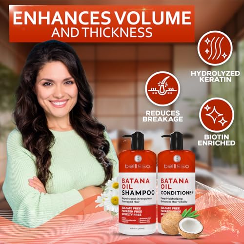 BELLISSO Batana Oil Shampoo and Conditioner Set - Thickening Hair Products for Women and Men - For Strengthening and Volumizing Fine and Thinning Hair - Sulfate Free with Biotin and Keratin for a Fuller Look - Image 5